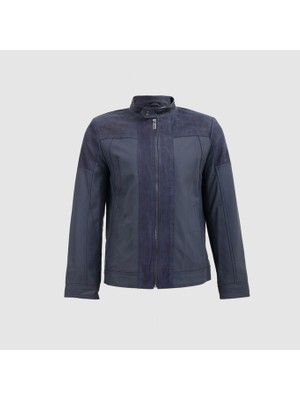 Togo Erkek Süet Detaylı Deri Mont [810016], Lacivert, S