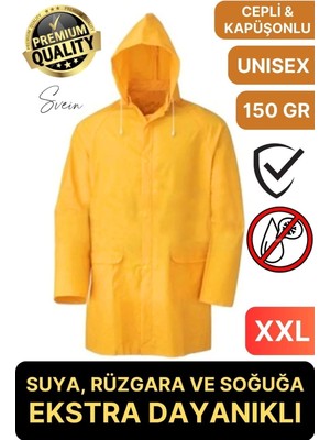 Premium Sarı Xxl 150 gr Kapüşonlu Cepli Yağmurluk Su Rüzgar Soğuk Geçirmez Unisex Çıtçıtlı Pardösü