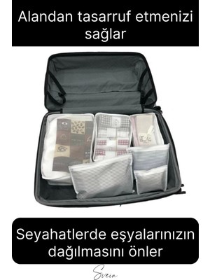 Svein 6'lı Valiz Bavul Düzenleyici Seyahat Çantası Organizer Hurç Set Fermuarlı Gri Çizgi Fileli