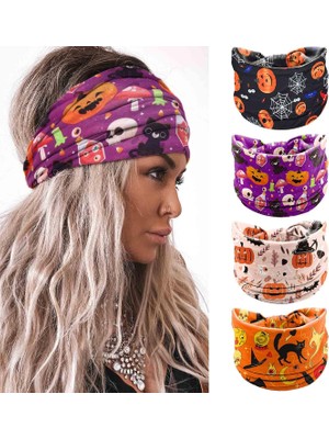 LWJG120 Women's Wide Knotted Headband Turban Elastic Pumpkin Hairband Exercise Turban Yoga Turban Ghost Cosplay Halloween Hair Accessories 4 Pieces Set (Yurt Dışından)