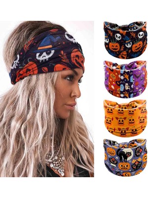 LWJG120 Women's Wide Knotted Headband Turban Elastic Pumpkin Hairband Exercise Turban Yoga Turban Ghost Cosplay Halloween Hair Accessories 4 Pieces Set (Yurt Dışından)