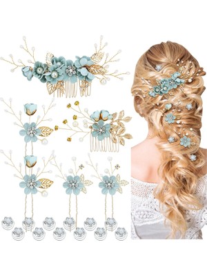 LWJG120 18PCS Bridal Wedding Party Prom White Flower Hair Side Comb U Shape Flower Hairpin + Twisted Spiral Hairpin Floral Headdress Bride Bridesmaids Ladies Girls (Yurt Dışından)