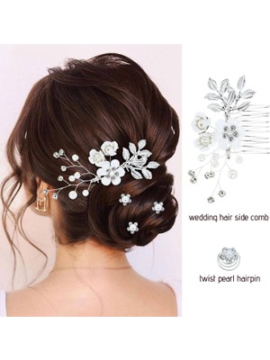 LWJG120 18PCS Bridal Wedding Party Prom White Flower Hair Side Comb U Shape Flower Hairpin + Twisted Spiral Hairpin Floral Headdress Bride Bridesmaids Ladies Girls (Yurt Dışından)