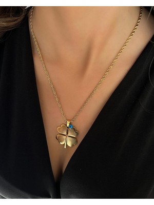 Çelik Kadın Gold Nazar  Boncuklu Yonca Kolye