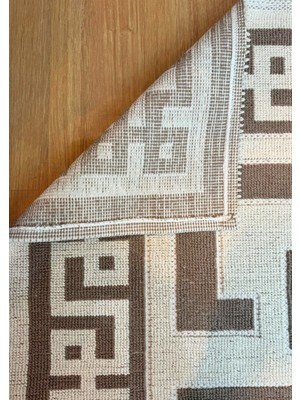 Özlü Home Patiska Yıkanabilir Dekoratif Labirent Desen Pamuk Bukle Kilim Kahverengi