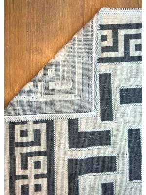 Özlü Home Patiska Yıkanabilir Dekoratif Labirent Desen Pamuk Bukle Kilim Antrasit