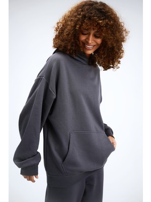 Kadın Timeless Oversize Antrasit Hoodie Sweatshirt