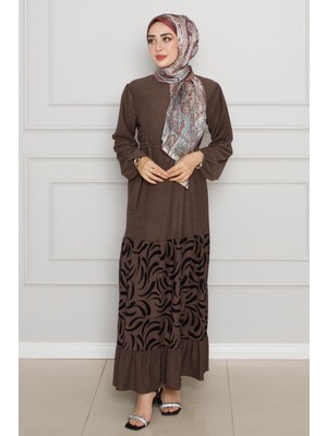 Sevitli Eteği Desenli Karin Elbise-Kahverengi