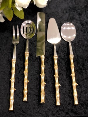 Rossev Bambu Saplı Gold Servis Kaşık  Seti 5 Parça