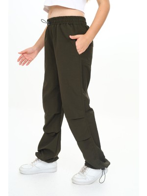 Pantulux Kız Çocuk Jogger Elastik Bel ve Paça %100 Pamuklu Haki Yeşil Paraşüt PANTOLON-PNT-2031