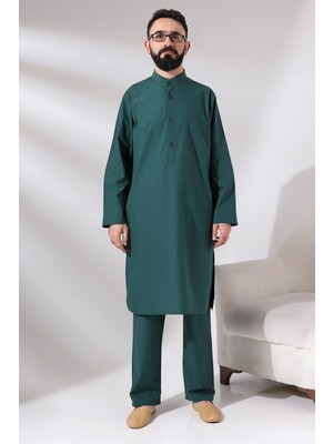 İhvan Online Erkek Hac ve Umre Kıyafeti Ikili Alt Üst Afgan Takım Yeşil
