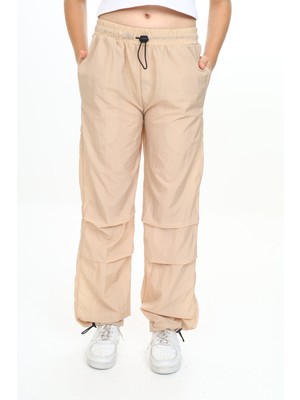 Pantulux Kız Çocuk Jogger Elastik Bel ve Paça %100 Pamuklu Açık Bej Paraşüt PANTOLON-PNT-2031