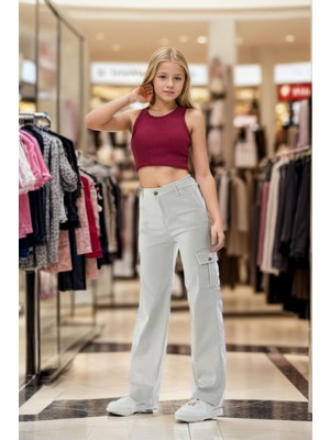Pantulux Kız Çocuk %100 Pamuk Kargo Cep Yarım Bel Lastikli Wide Leg Taş Okul PANTOLONU-PNT-2029