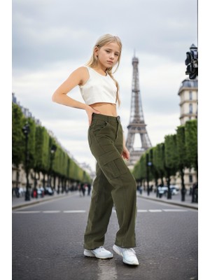 Pantulux Kız Çocuk %100 Pamuk Kargo Cep Yarım Bel Lastikli Wide Leg Haki Yeşil Okul PANTOLONU-PNT-2029