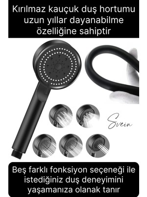 Svein Premium Duş Seti 5 Fonksiyonlu Tasarruflu Başlık Esnek Kırılmaz Çatlamaz Paslanmaz Sızdırmaz Hortum