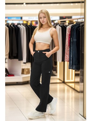Pantulux Kız Çocuk %100 Pamuk Kargo Cep Yarım Bel Lastikli Wide Leg Siyah PANTOLON-PNT-2029