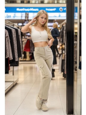 Pantulux Kız Çocuk %100 Pamuk Kargo Cep Yarım Bel Lastikli Wide Leg Bej Okul PANTOLONU-PNT-2029