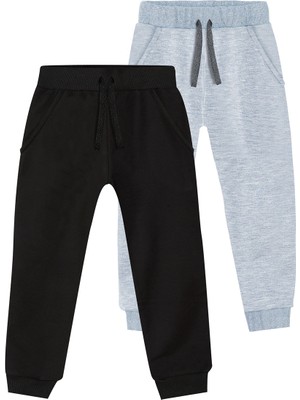 Denokids Unisex 2'li Eşofman Altı Siyah-Gri Melanj Kalın Pamuklu Kışlık 8 Yaş