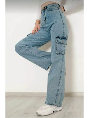 Pantulux Kız Çocuk  Pamuk Açık Mavi Yüksek Bel Wide Leg Geniş Paça Kargo Cepli  Kot PANTOLON-PNT-2029-K