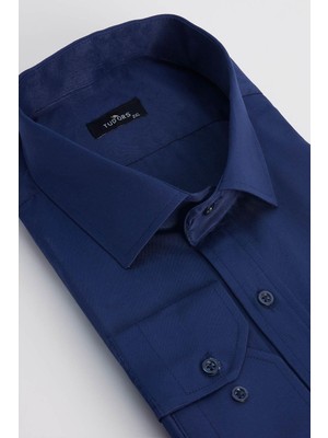 Tudors Erkek Big Size Büyük Beden Uzun Kollu Pamuklu Tek Cepli Saten Lacivert Gömlek