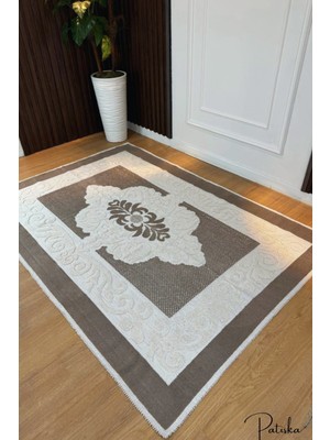 Özlü Home Patiska Yıkanabilir Kaymaz Dekoratif Osmanlı Desen Pamuk Bukle Kilim Kahverengi