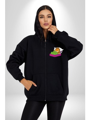 Garfield Uyku Kadın Erkek Siyah Kapüşonlu Fermuarlı Baskılı Hırka Sweatshirt