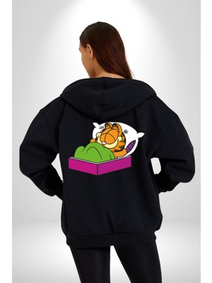 Garfield Uyku Kadın Erkek Siyah Kapüşonlu Fermuarlı Baskılı Hırka Sweatshirt