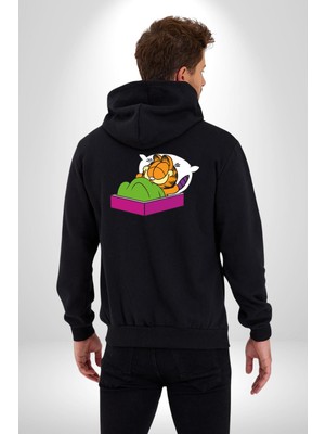 Garfield Uyku Kadın Erkek Siyah Kapüşonlu Fermuarlı Baskılı Hırka Sweatshirt