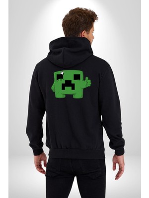 Minecraft Creeper Kadın Erkek Siyah Kapüşonlu Fermuarlı Baskılı Hırka Sweatshirt