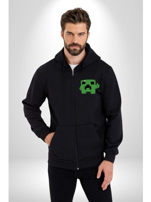 Minecraft Creeper Kadın Erkek Siyah Kapüşonlu Fermuarlı Baskılı Hırka Sweatshirt