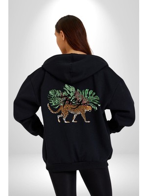 Zara Afrika Leoparı Tropik Yapraklar Kadın Erkek Siyah Renk Kapüşonlu Kanguru Cepli  Fermuarlı Pamuklu Oversize Dijital Baskılı Hırka Sweatshirt