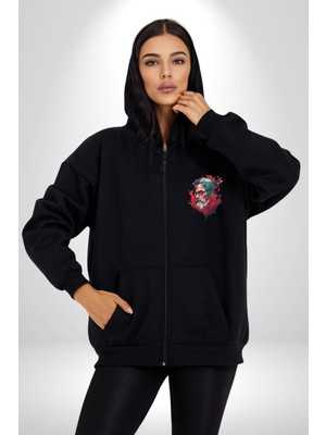 Santa Cool Gözlüklü Kadın Erkek Siyah Renk Kapüşonlu Kanguru Cepli  Fermuarlı Pamuklu Oversize Dijital Baskılı Hırka Sweatshirt