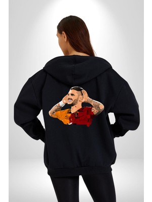 Mauro Icardi Gol Sevinci Kadın Erkek Siyah Kapüşonlu Fermuarlı Baskılı Hırka Sweatshirt