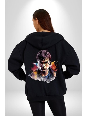 Harry Potter Sinema Kadın Erkek Siyah Kapüşonlu Fermuarlı Baskılı Hırka Sweatshirt