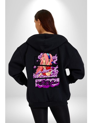 Sakura Haruno Anime Kadın Erkek Siyah Kapüşonlu Fermuarlı Baskılı Hırka Sweatshirt