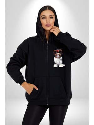 Biewer Yorshire Terrier Kadın Erkek Siyah Kapüşonlu Fermuarlı Baskılı Hırka Sweatshirt