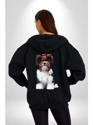 Biewer Yorshire Terrier Kadın Erkek Siyah Kapüşonlu Fermuarlı Baskılı Hırka Sweatshirt