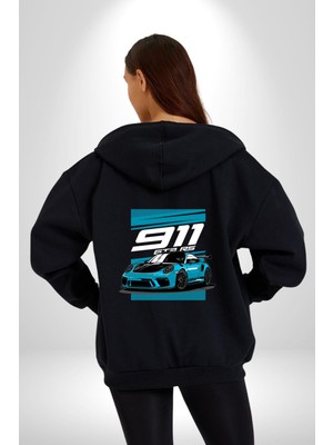 Porsche 911 Gt3 Araba Kadın Erkek Siyah Kapüşonlu Fermuarlı Baskılı Hırka Sweatshirt