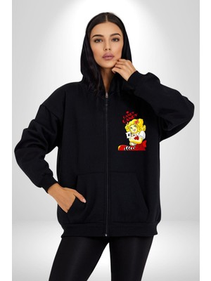 Şeker Kız Candy Çizgi Film  Kadın Erkek Siyah Kapüşonlu Fermuarlı Baskılı Hırka Sweatshirt