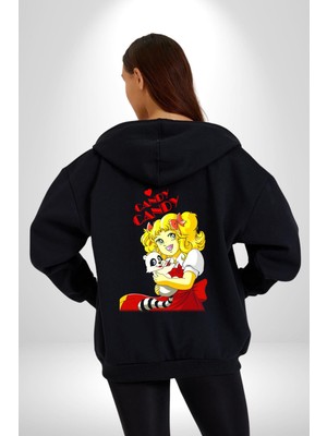 Şeker Kız Candy Çizgi Film  Kadın Erkek Siyah Kapüşonlu Fermuarlı Baskılı Hırka Sweatshirt