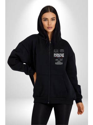 Porsche 911 Gt3 Rs Kadın Erkek Siyah Kapüşonlu Fermuarlı Baskılı Hırka Sweatshirt