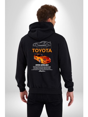 Toyota Supra Mk Iv Kadın Erkek Siyah Kapüşonlu Fermuarlı Baskılı Hırka Sweatshirt