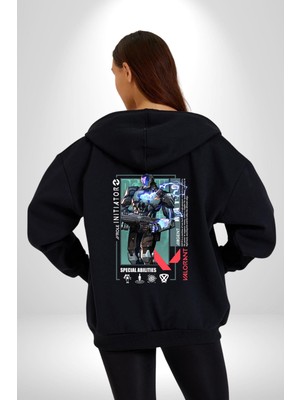 Valorant  Kayo Ajan Oyun Karakter Özellikleri Kadın Erkek Siyah Kapüşonlu Fermuarlı Baskılı Hırka Sweatshirt