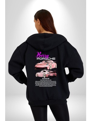 Berry Porsche 911 Gt3 Rs Kadın Erkek Siyah Kapüşonlu Fermuarlı Baskılı Hırka Sweatshirt