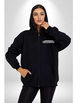 Asgari Üçret Gibi Insanlar Var Geçinemiyorum Yazılı Kadın Erkek Siyah Kapüşonlu Fermuarlı Baskılı Hırka Sweatshirt