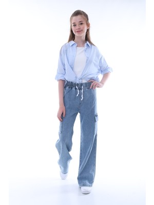 Kız Çocuk Oversize Kargo Cepli %100 Pamuk Denim Beli Lastikli Buz Mavi Kot PANTOLON-PNT-2043