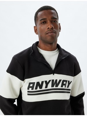 Koton Slogan Baskılı Sweatshirt Fermuarlı Yaka Renk Bloklu Pamuk Karışımlı