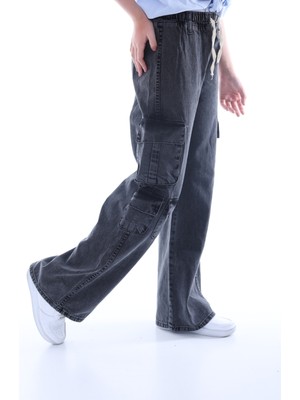 Pantulux Kız Çocuk %100 Pamuk Oversize Geniş Kesim Kargo Cepli Füme Kot PANTOLON-PNT-2042