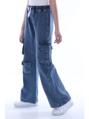 Pantulux Kız Çocuk Pamuk Denim Oversizegeniş Kesim Kargo Koyu Mavi Kot Pantolon -PNT-2042