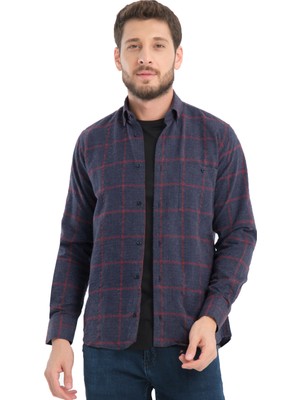 Varetta Erkek Lacivert Kareli Kışlık Gömlek Orijinal Yünlü Cepli Geniş Kesim